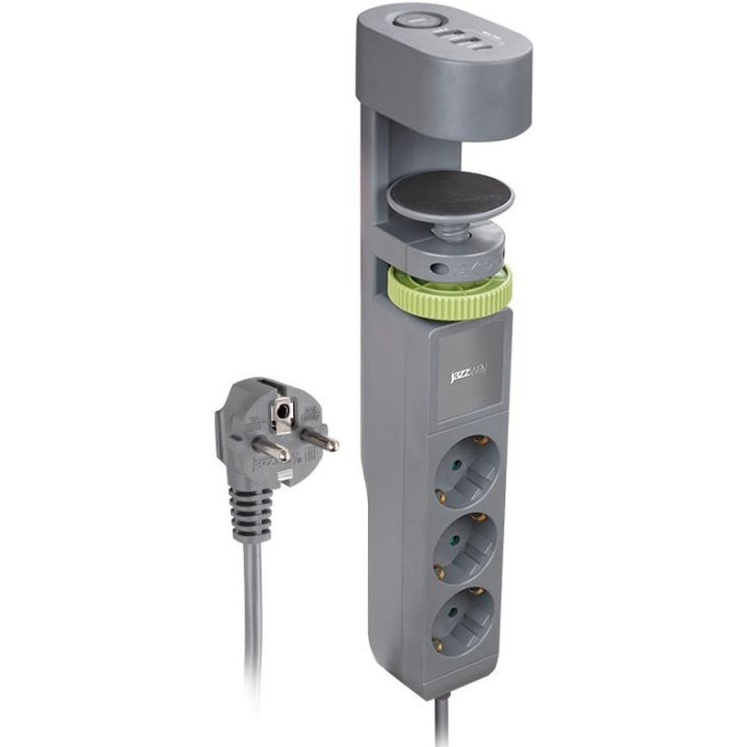 Удлинитель JAZZWAY ETD-03U-150-gy 5059559 3х1.5м на струбцине с заземлением с выкючателем 3 USB выхода (2А+1С) IP20 ПВС 3х1 (3х1.5)